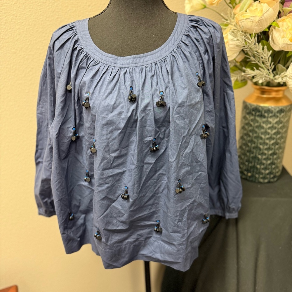 NWT J.Crew Navy Blue Beaded Embellished Peasant Blouse Size L